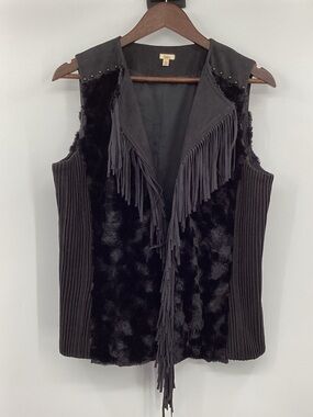 Reba Black Faux Fur Faux Suede Fringe Vest